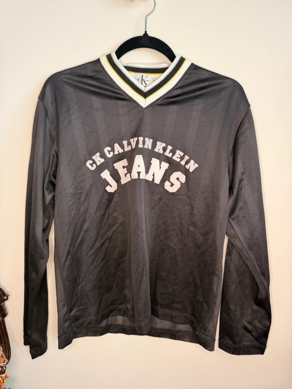 Y2K 00s CK Calvin Klein Jeans Black Mesh Long Sleeve V-Neck Jersey Top